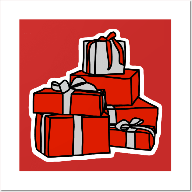 A Pile of Wrapped Gift Boxes in Red and Silver for Christmas Wall Art by ellenhenryart